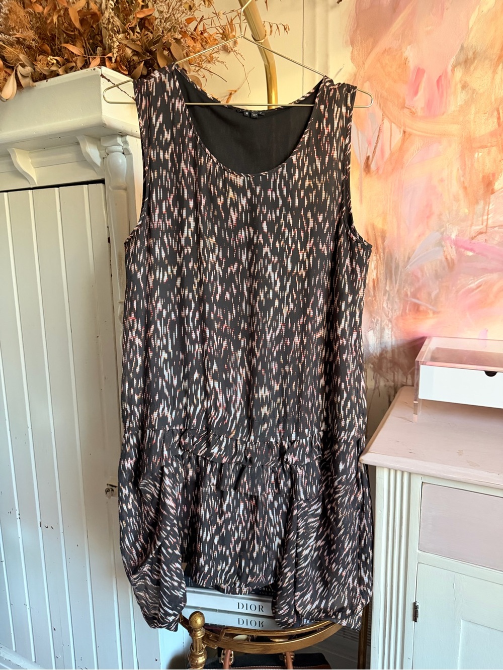 Theory Sleeveless Black & Pink Patterned Drop-Waist Dress